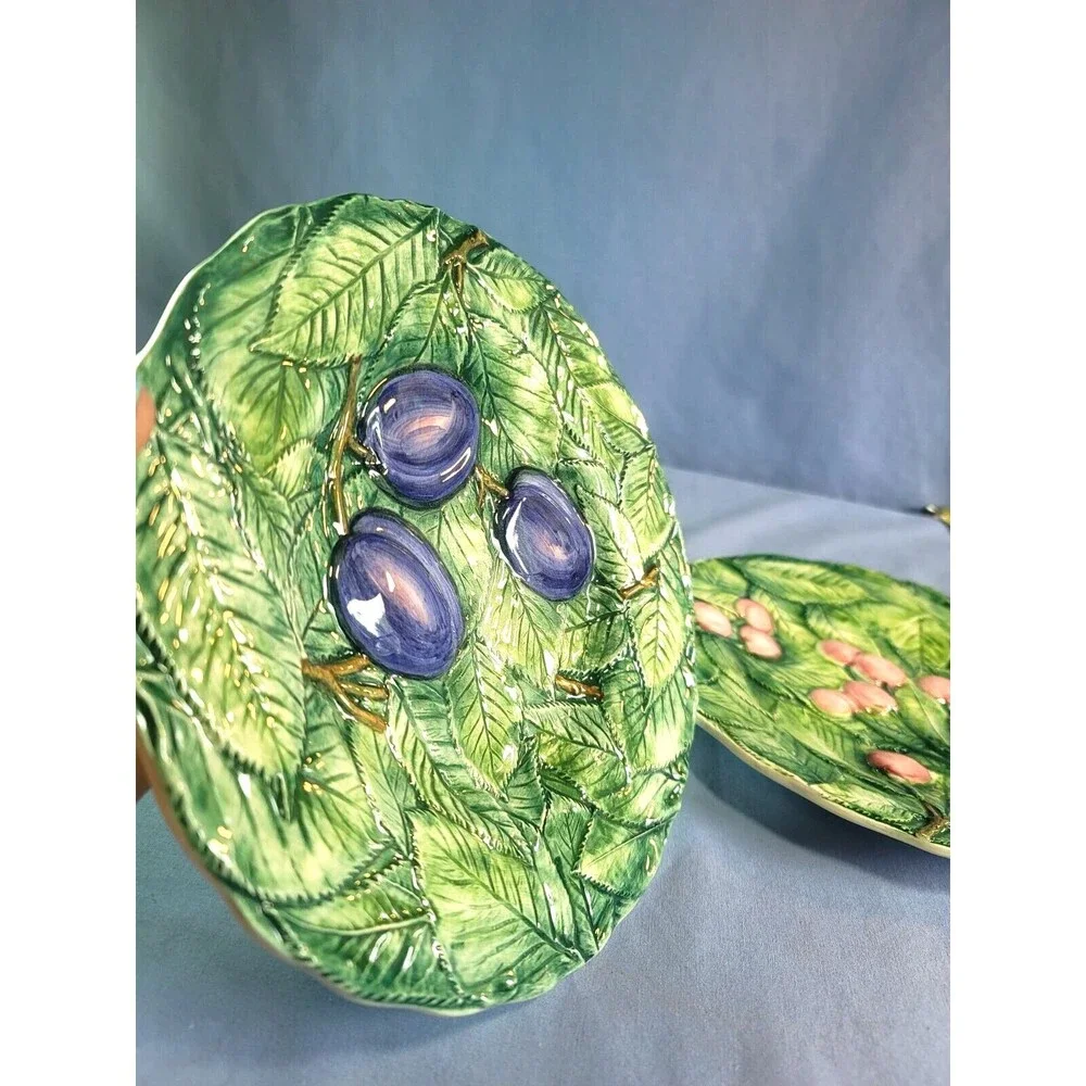Italian Majolica Plates Cherries & Plum Hand Painted RARE 8''Raised Fruit VTG
